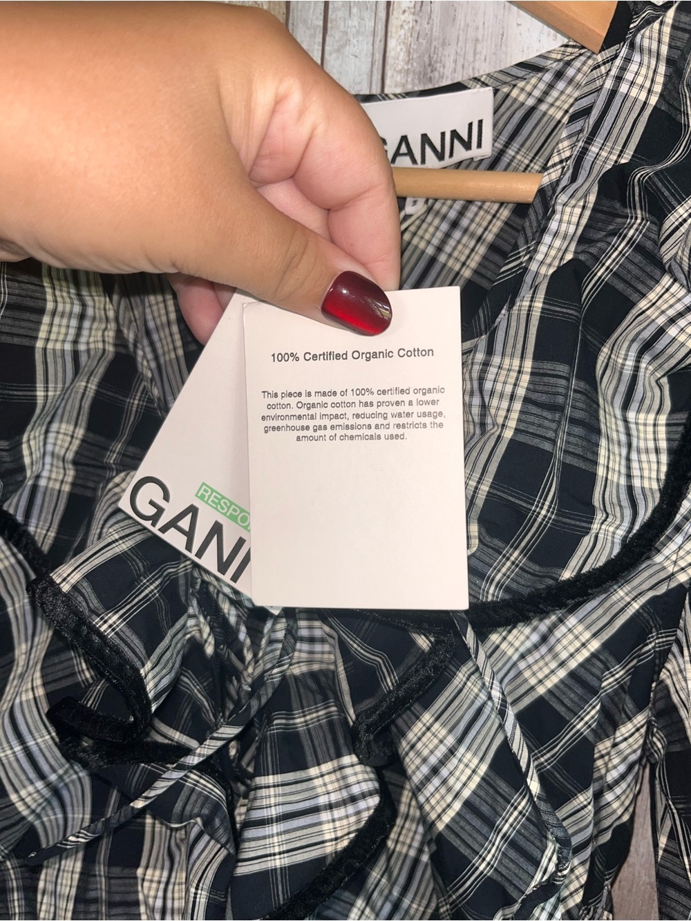 NWT GANNI Black Plaid Ruffle Lace Up Mini Dress Organic Cotton US4 DE36 - Picture 6 of 8